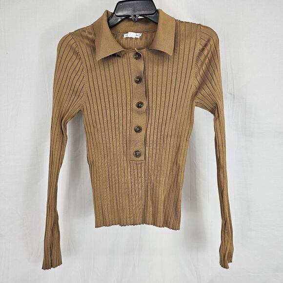 Good American Plaited Rib Polo Shirt In Bronze Brown Button Up Women's Size 1/2 - Picture 2 of 7